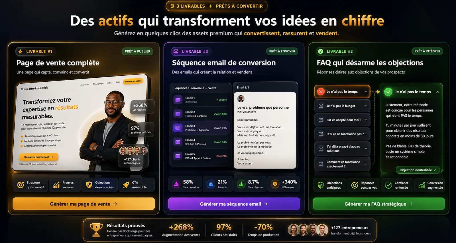 Actifs premium générés par BookForge : page de vente, séquence email et FAQ stratégique