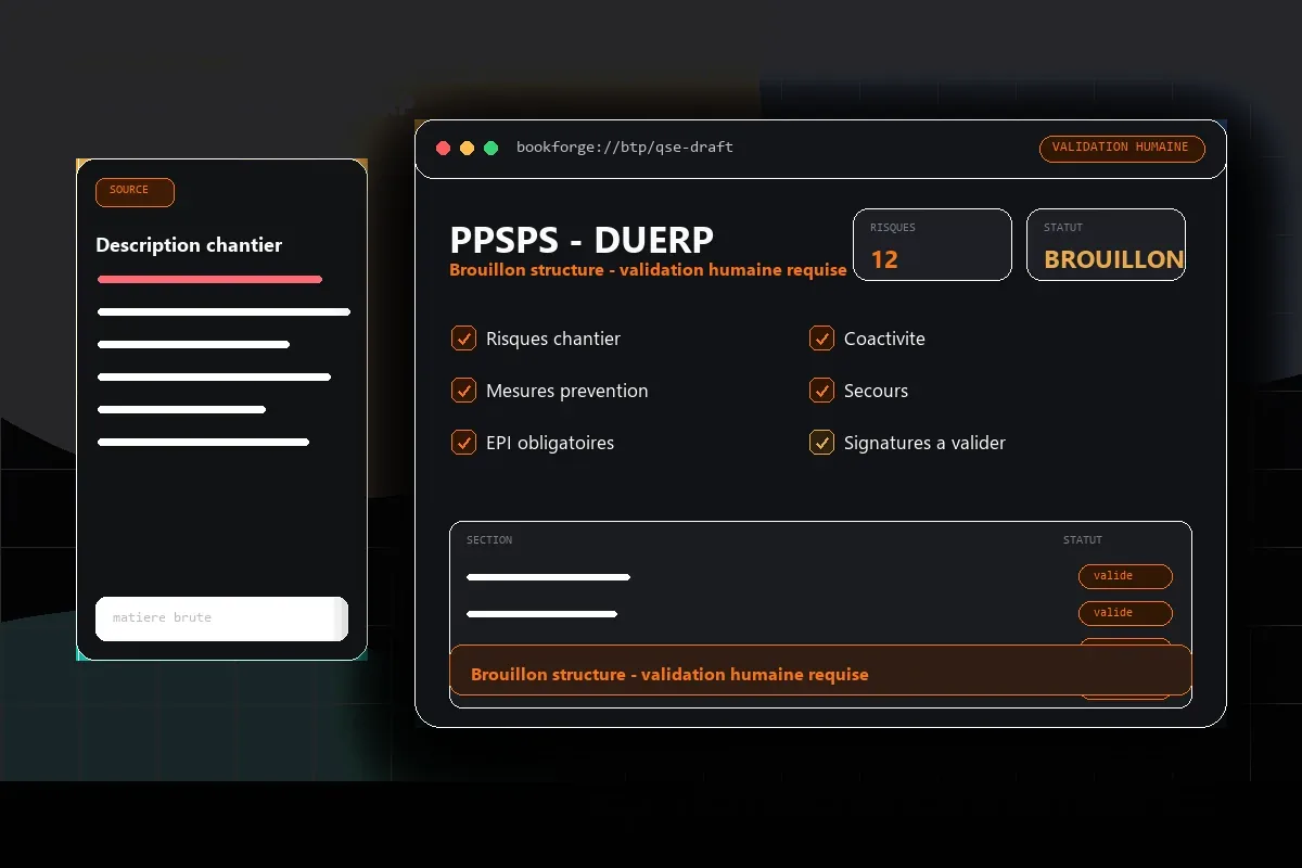 BookForge genere un brouillon structure PPSPS et DUERP a faire valider