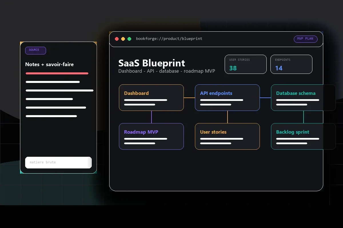 BookForge genere un SaaS Blueprint avec dashboard API database et roadmap MVP