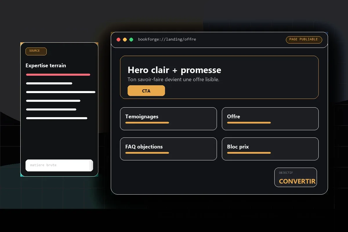BookForge genere une page de vente complete a partir d'une expertise terrain